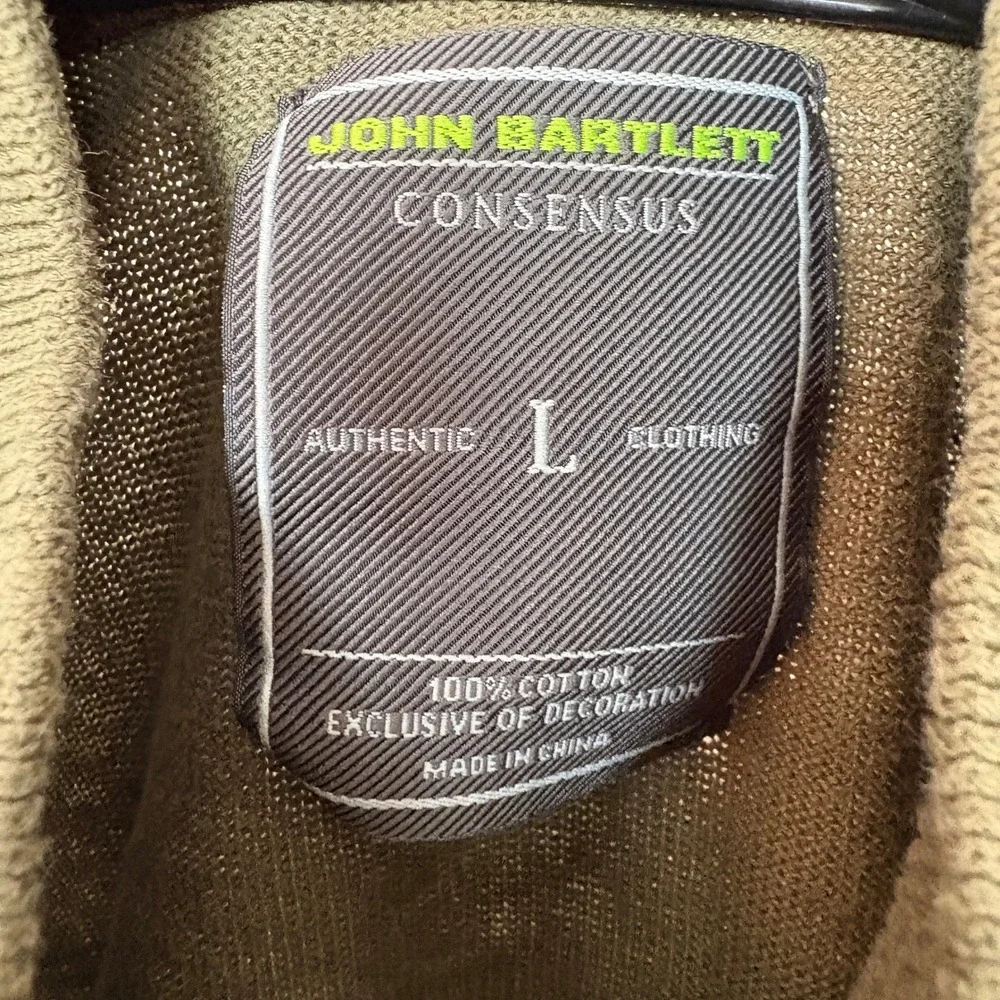 John Bartlett Men Henley Sweater Large Olive Green Elbow Patches Academia Preppy